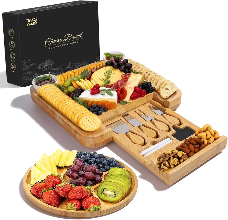 YZS Housm YZS Bamboo Charcuterie Boards Set -Unique Cheese Board with Accessories - Perfect for Housewarming, Weddings, Bridal Showers, Birthday Gifts, Mother's Day Gift, Parties, Eco-Friendly & Elegant Design - Image 1
