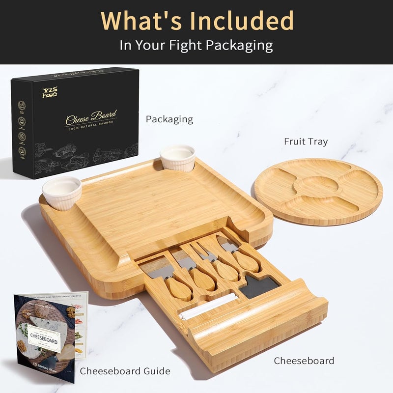 YZS Housm YZS Bamboo Charcuterie Boards Set -Unique Cheese Board with Accessories - Perfect for Housewarming, Weddings, Bridal Showers, Birthday Gifts, Mother's Day Gift, Parties, Eco-Friendly & Elegant Design - Image 2