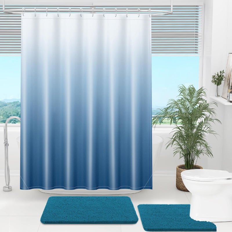 OLANLY Luxury Blue and White Ombre Shower Curtain Sets with 12 Hooks, Waterproof and Washable Decorative Shower Curtains for Bathroom, 72x72 Inches - Image 2