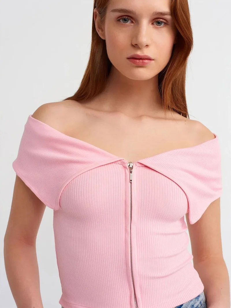 ديلفين Dilvin Women's Off-shoulder Crop T-shirt With Zipper