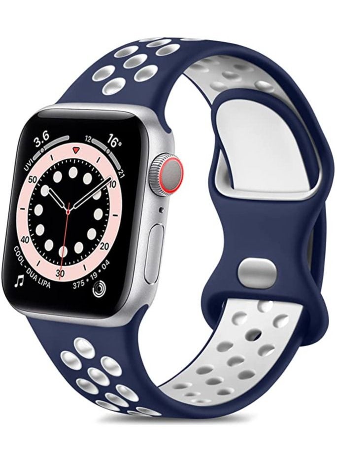 Generic - for Apple Watch Band 45mm 44mm 42mm Soft Silicone Sport Band Replacement Wrist Strap Compatible with iWatch Series 7/SE/6/5/4/3/2/1 (dark blue white) - Image 1