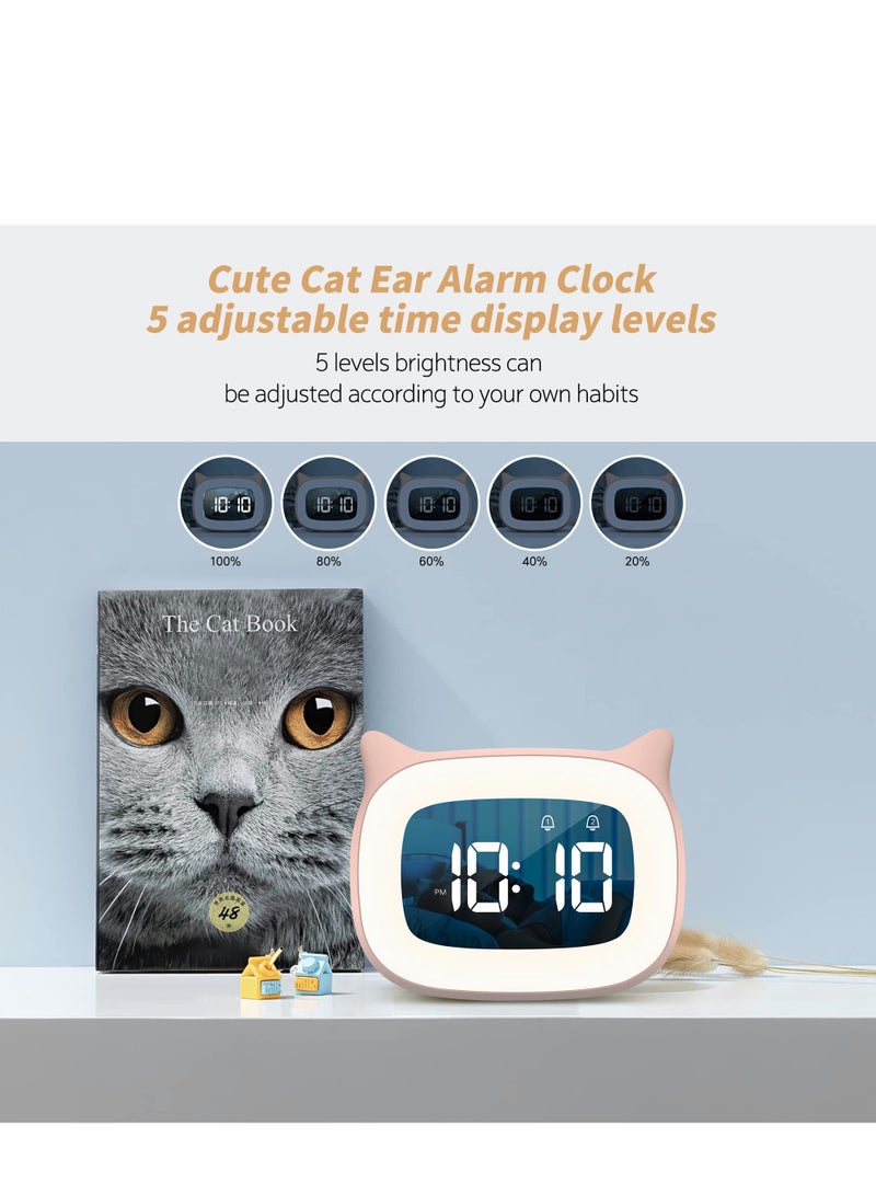 Excefore Kids Alarm Clock, Digital Desk Clock for Bedroom with Night Light Stepless Dimming,  Cat Ear Bedside Students Boys Girls  - Image 2