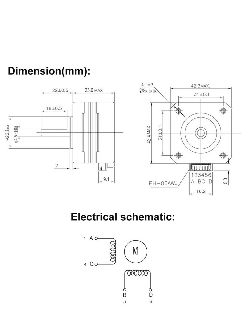Nema17 محرك متدرج ثنائي القطب 42 محرك 4 أسلاك مع كابل 1 متر (عبوة واحدة ، 23 ملم) - Image 5