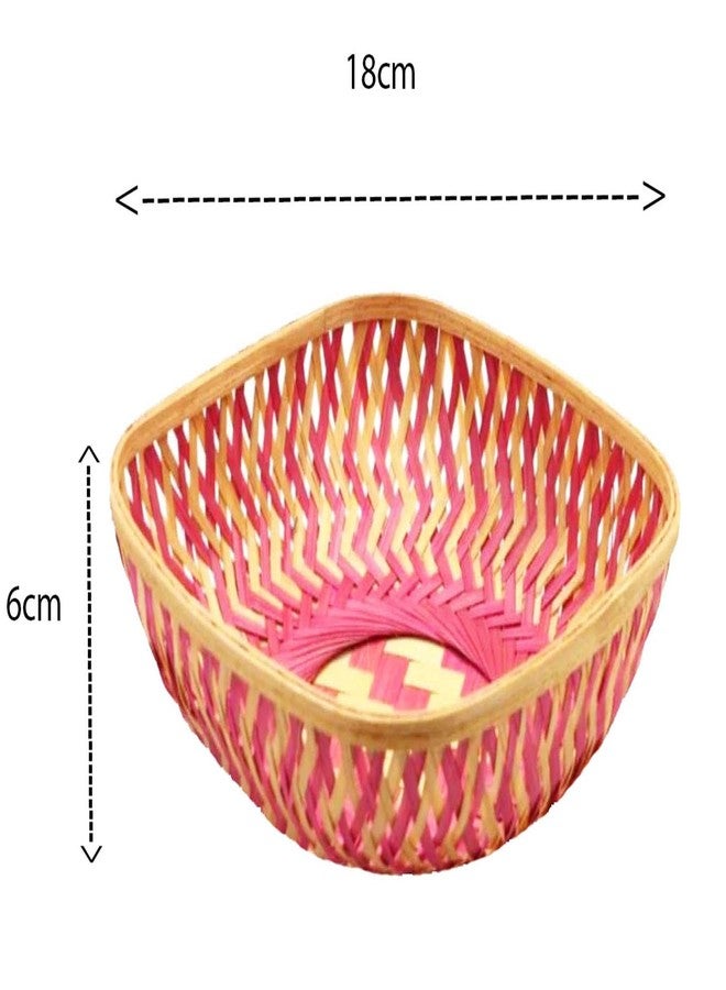 TAVASYA Natural Bamboo Decorative Small Square Baskets - Pack of 6 (Pink & Brown, 18 x 18 x 6 cm) | Handwoven Bamboo Trays for Hampers, Festive Gifting, Home Decor, Storage & Return Gifts SML. - Image 2