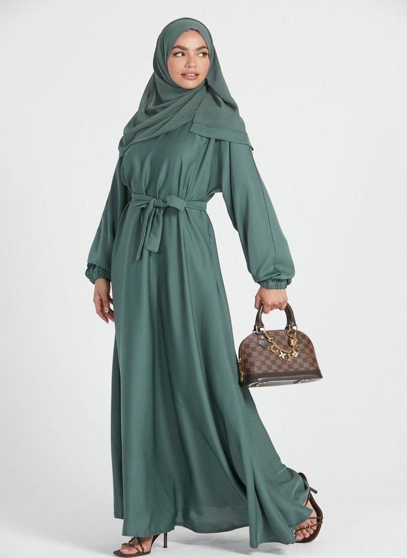 NUKHBAA Elegant Green plain abaya wityh belt and Hijab-AB93  - Image 1