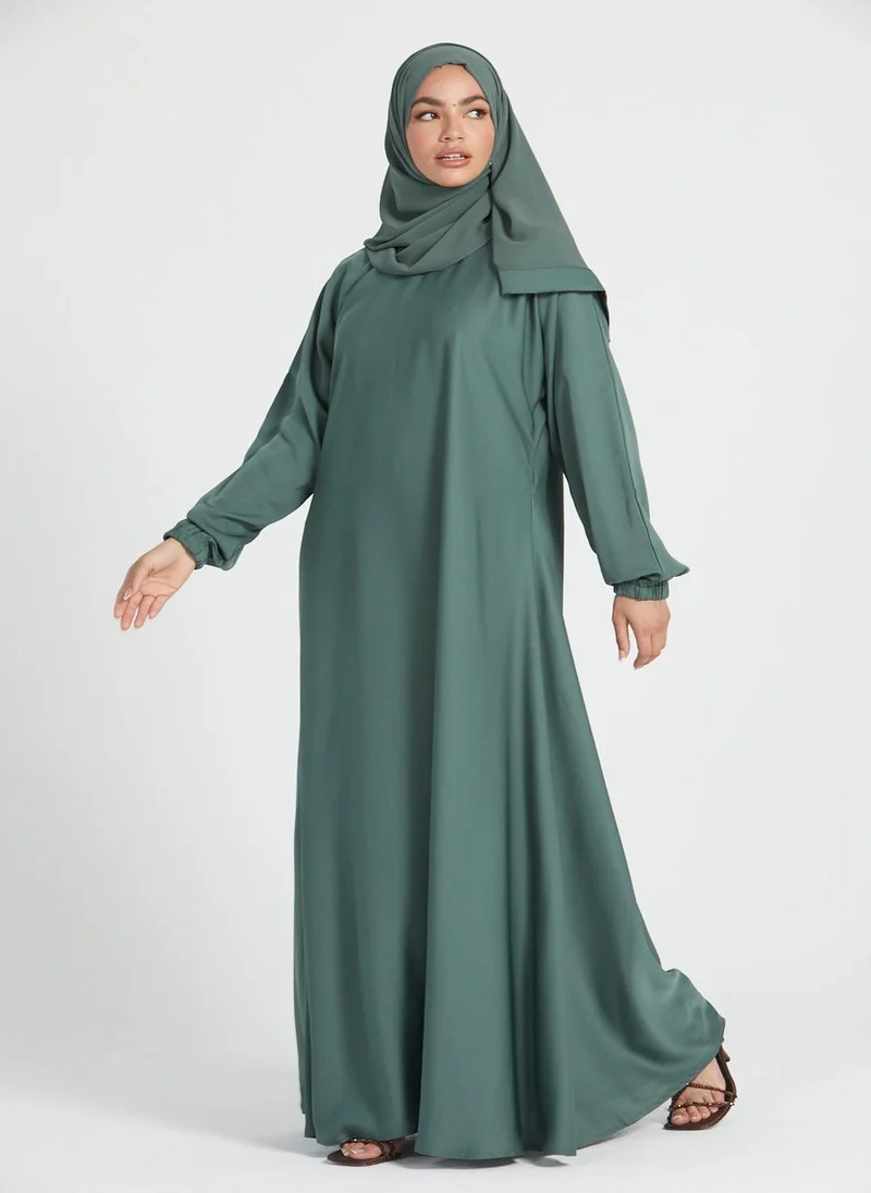 NUKHBAA Elegant Green plain abaya wityh belt and Hijab-AB93