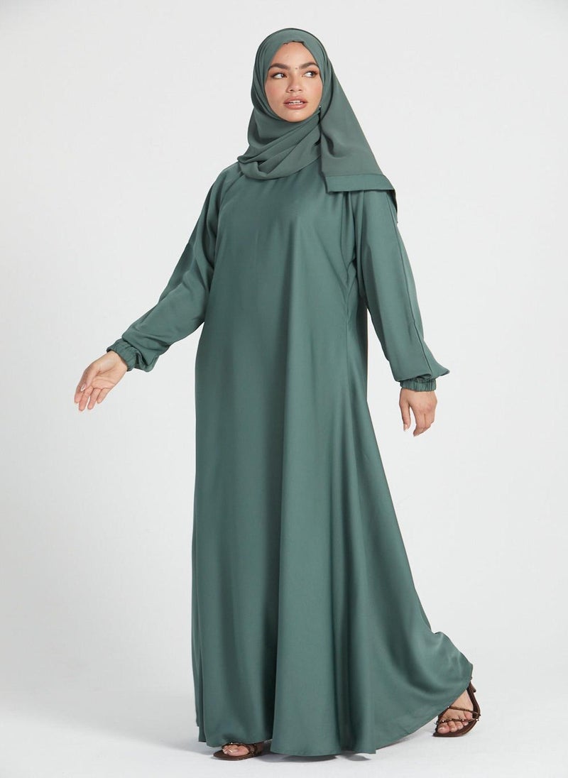 NUKHBAA Elegant Green plain abaya wityh belt and Hijab-AB93  - Image 3