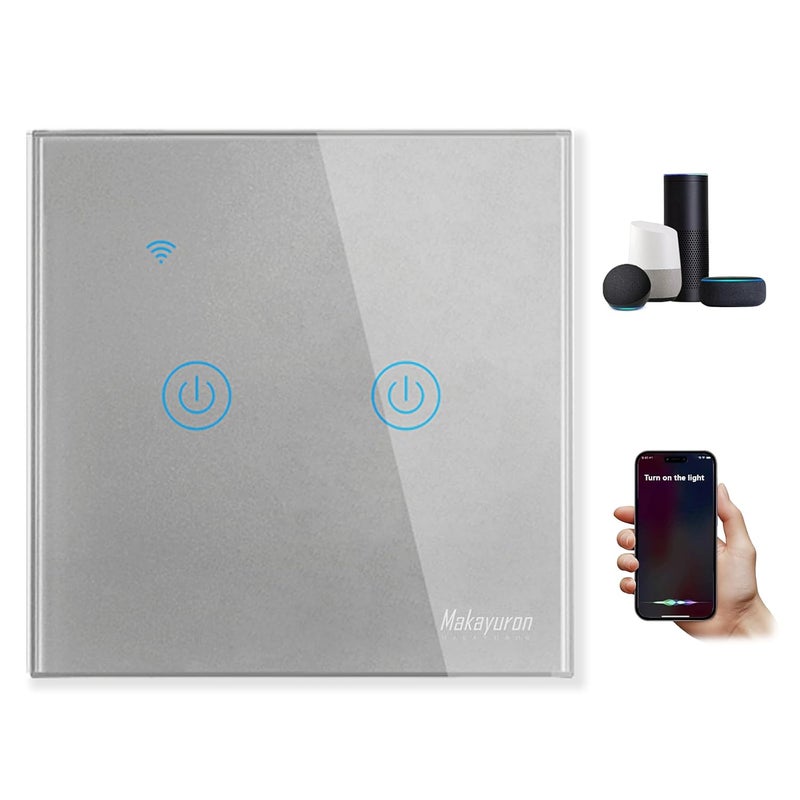 Makayuron WiFi Smart Wall Light Switch, Wireless Switches, No Neutral Wire Required, Compatible with Alexa and Google Home, APP Remote Control Touch Switch, No Hub Required, Voice Control (2 Gang, Grey) - Image 1