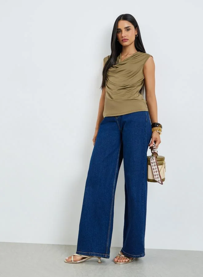 Styli Brown Solid Cowl Neck Knit Top