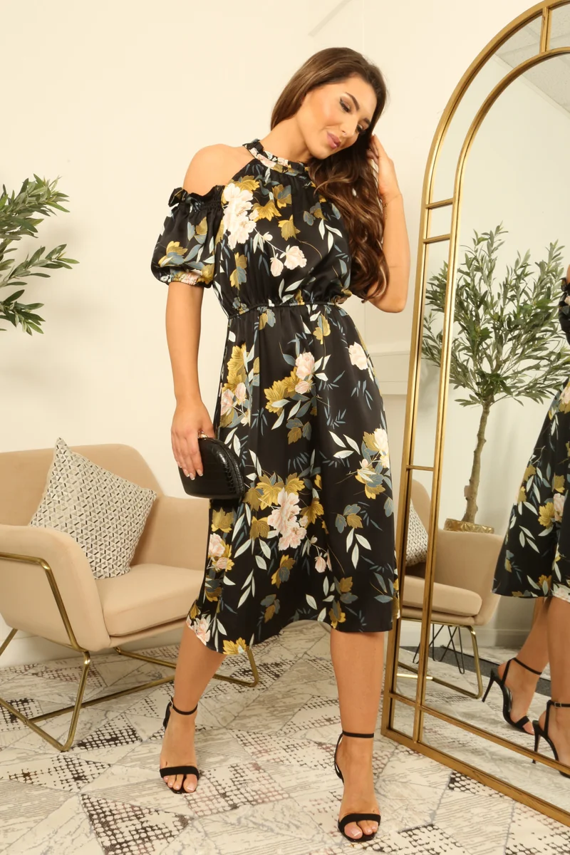 Double Second black floral Printed Cold Shoulder Floral Dress for Women | Best Price UAE