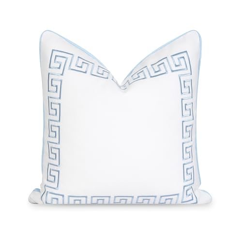 Hofdeco Premium Coastal Patio Indoor Outdoor Throw Pillow Cover Only 20x20 Water Repellent for Backyard Couch Baby Blue Embroidered Greek Key with Piping - Image 1