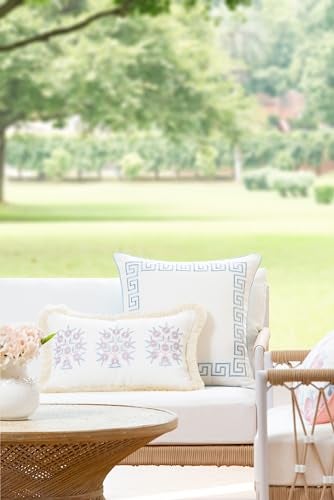 Hofdeco Premium Coastal Patio Indoor Outdoor Throw Pillow Cover Only 20x20 Water Repellent for Backyard Couch Baby Blue Embroidered Greek Key with Piping - Image 3