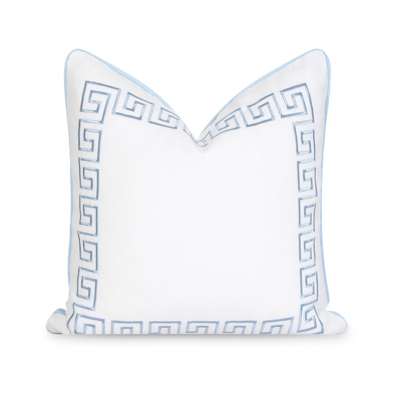 Hofdeco Premium Coastal Patio Indoor Outdoor Throw Pillow Cover Only 20x20 Water Repellent for Backyard Couch Baby Blue Embroidered Greek Key with Piping - Image 2