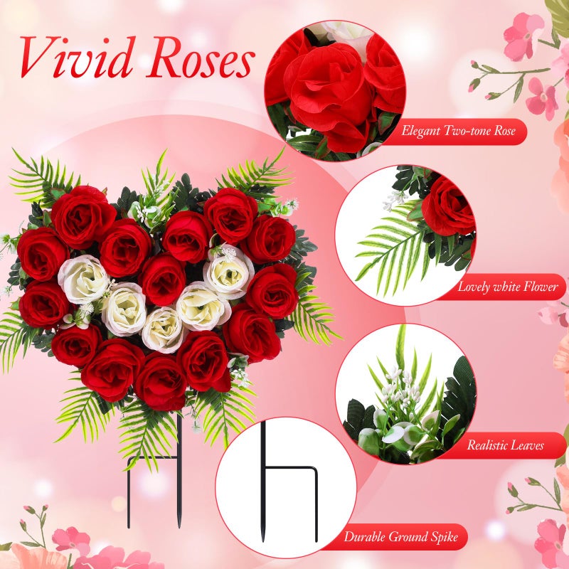Luinabio 2 Sets Valentine Day Cemetery Flowers for Grave Heart Shaped Memorial Grave Wreath with Ground Spike Red White Rose Flower Bouquet for Outdoor Headstone Graveside Decorations - Image 5