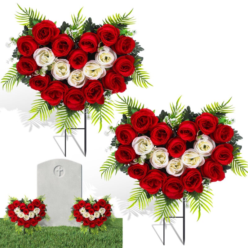 Luinabio 2 Sets Valentine Day Cemetery Flowers for Grave Heart Shaped Memorial Grave Wreath with Ground Spike Red White Rose Flower Bouquet for Outdoor Headstone Graveside Decorations - Image 1