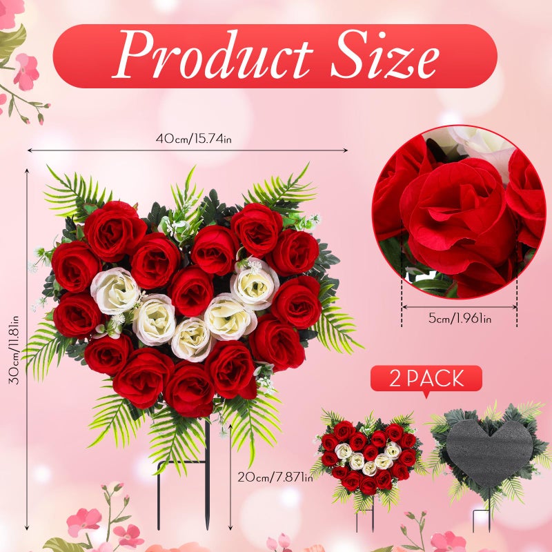 Luinabio 2 Sets Valentine Day Cemetery Flowers for Grave Heart Shaped Memorial Grave Wreath with Ground Spike Red White Rose Flower Bouquet for Outdoor Headstone Graveside Decorations - Image 2