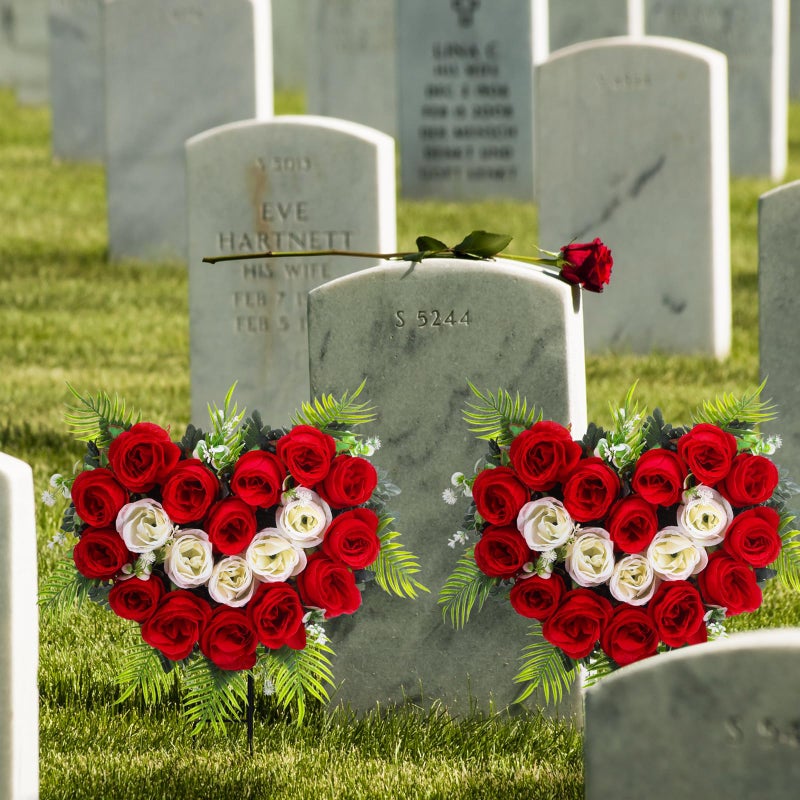 Luinabio 2 Sets Valentine Day Cemetery Flowers for Grave Heart Shaped Memorial Grave Wreath with Ground Spike Red White Rose Flower Bouquet for Outdoor Headstone Graveside Decorations - Image 4