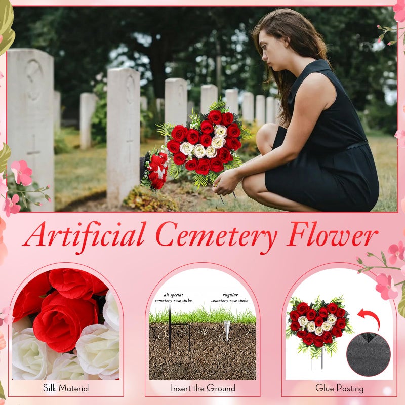 Luinabio 2 Sets Valentine Day Cemetery Flowers for Grave Heart Shaped Memorial Grave Wreath with Ground Spike Red White Rose Flower Bouquet for Outdoor Headstone Graveside Decorations - Image 3