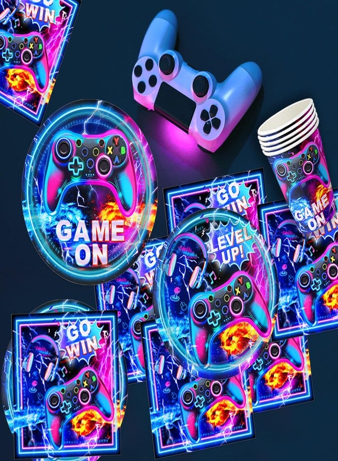 LINHAXM Video Game Birthday Decorations Includes Plates, Napkins, Cups, Cutlery, Cake & Cupcake Toppers, Banner, Hanging Swirls, Tablecloth, Balloons for Gamer Birthday Party Decorations, Serve 20 - Image 5
