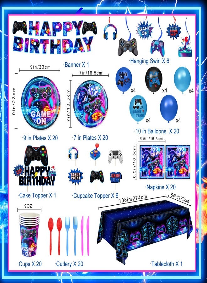 LINHAXM Video Game Birthday Decorations Includes Plates, Napkins, Cups, Cutlery, Cake & Cupcake Toppers, Banner, Hanging Swirls, Tablecloth, Balloons for Gamer Birthday Party Decorations, Serve 20 - Image 2