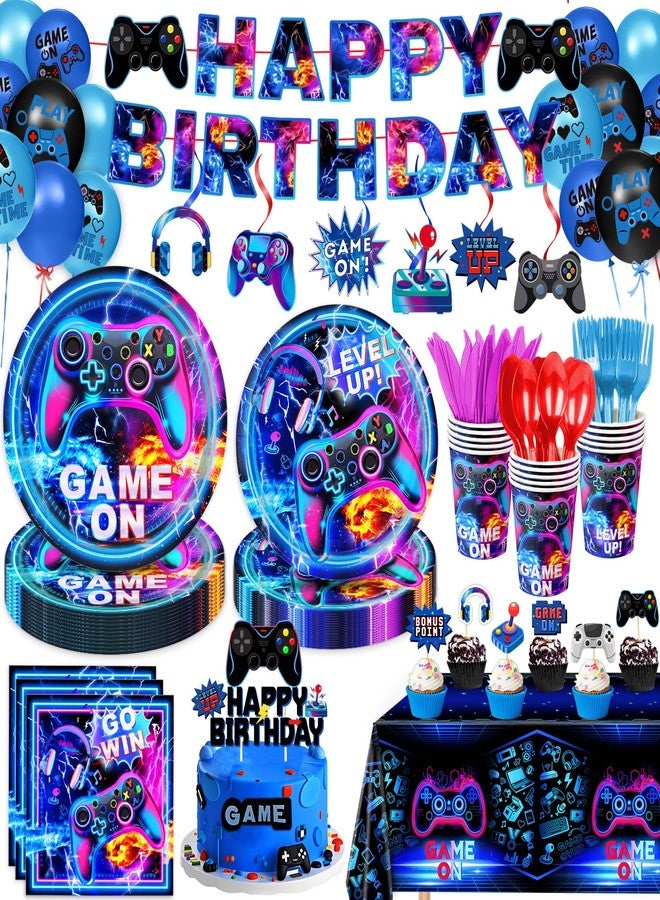 LINHAXM Video Game Birthday Decorations Includes Plates, Napkins, Cups, Cutlery, Cake & Cupcake Toppers, Banner, Hanging Swirls, Tablecloth, Balloons for Gamer Birthday Party Decorations, Serve 20 - Image 1