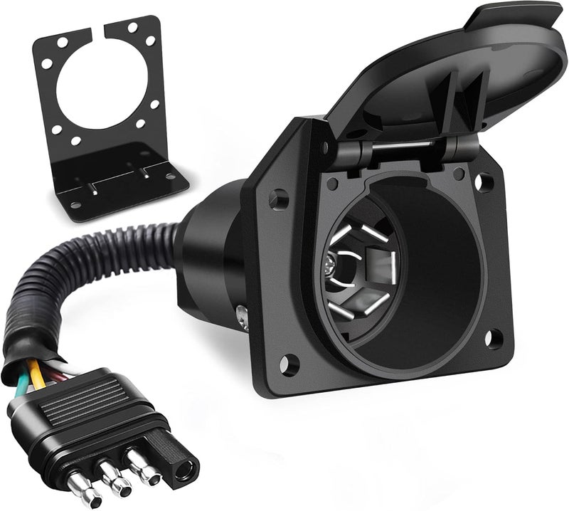 MICTUNING 4 Way Flat to 7 Way Round Blade Trailer Adapter Wiring Harness 4 Pin to 7 Pin Electrical Connect Wiring Plug Connector with Mounting Bracket for RV Truck Factory Tow Package - Image 1