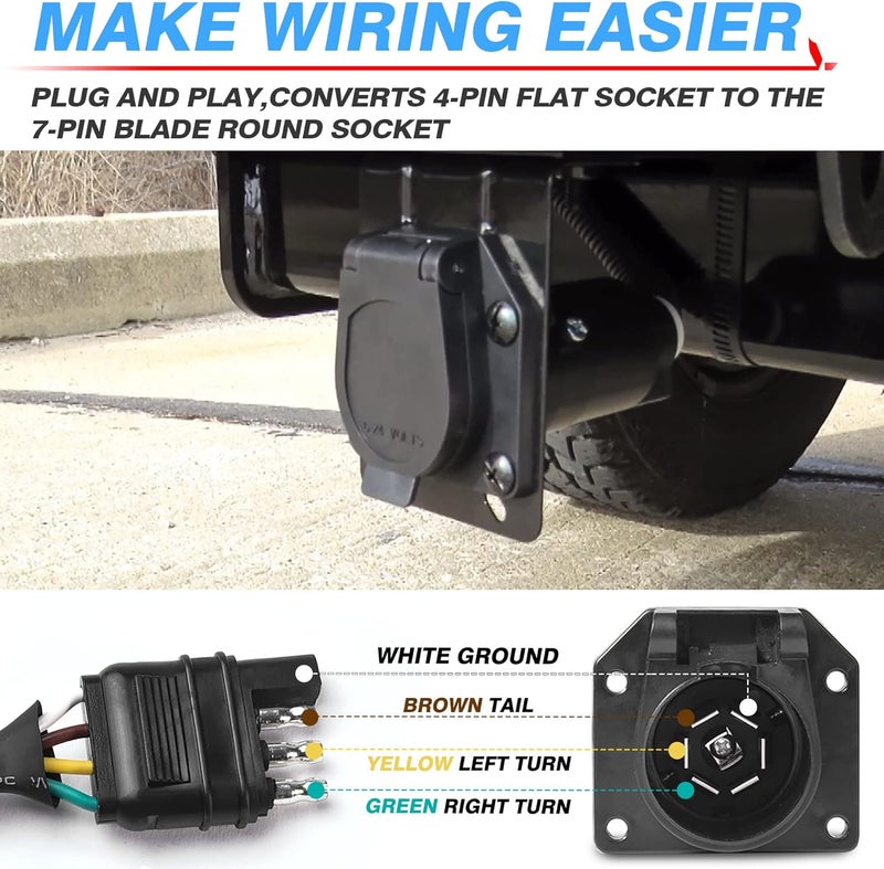 MICTUNING 4 Way Flat to 7 Way Round Blade Trailer Adapter Wiring Harness 4 Pin to 7 Pin Electrical Connect Wiring Plug Connector with Mounting Bracket for RV Truck Factory Tow Package - Image 2