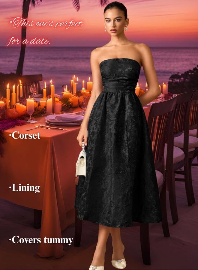 ShawGobow Strapless Corset Dress,Jacquard Formal Midi Dresses for Women,Wedding Guest Cocktail Party Outfits, Black, M - Image 4
