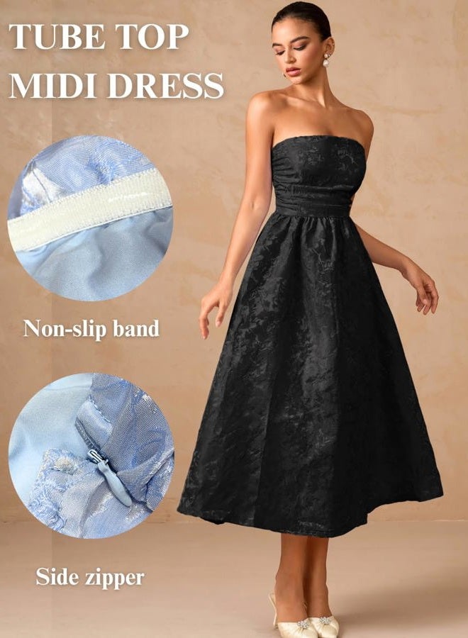 ShawGobow Strapless Corset Dress,Jacquard Formal Midi Dresses for Women,Wedding Guest Cocktail Party Outfits, Black, M - Image 2