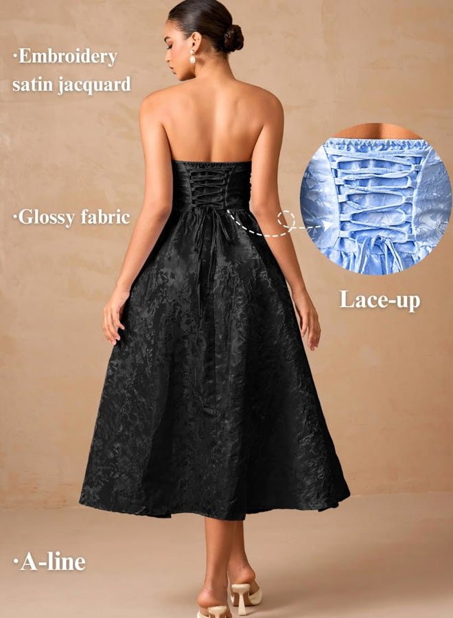ShawGobow Strapless Corset Dress,Jacquard Formal Midi Dresses for Women,Wedding Guest Cocktail Party Outfits, Black, M - Image 3