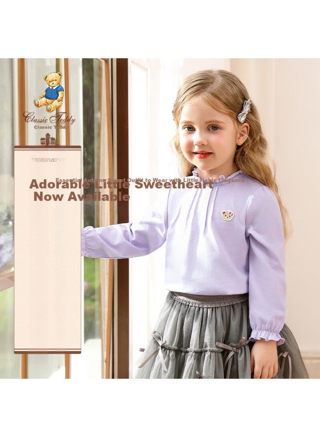 Classic Teddy Girls' Long Sleeve T-shirt, Children's Spring Cotton Lace Collar Base Shirt, Purple, Size 140 - Image 1