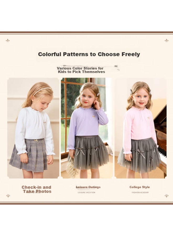 Classic Teddy Girls' Long Sleeve T-shirt, Children's Spring Cotton Lace Collar Base Shirt, Purple, Size 140 - Image 2