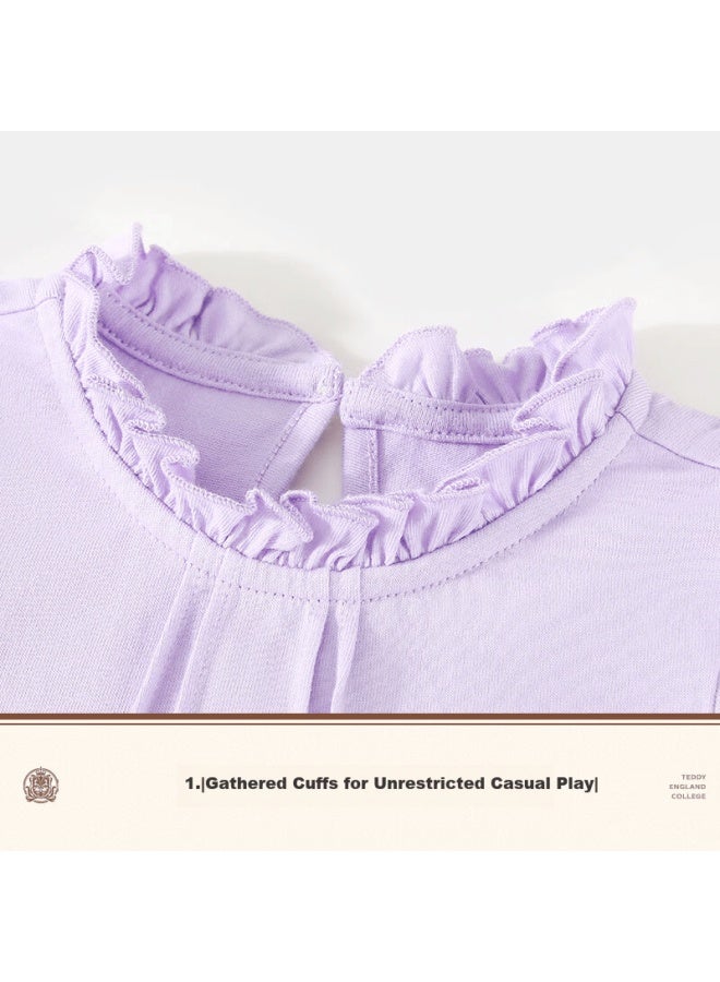 Classic Teddy Girls' Long Sleeve T-shirt, Children's Spring Cotton Lace Collar Base Shirt, Purple, Size 140 - Image 4