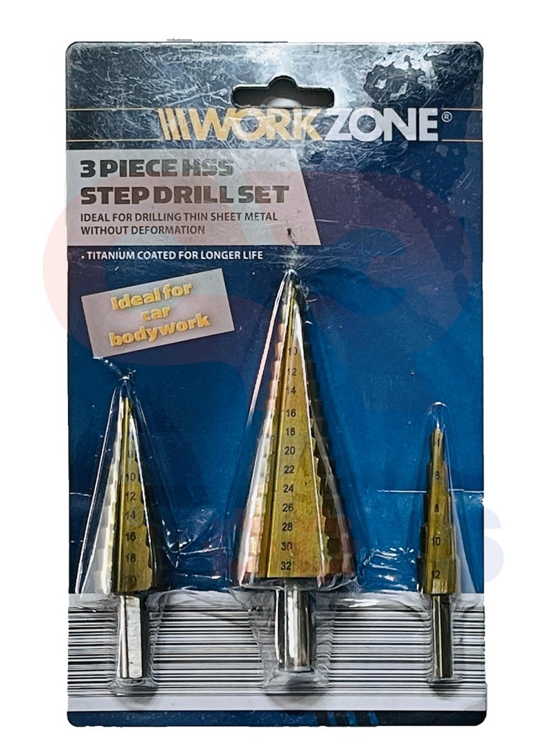 Work Smart Drill Bit Set 3-Piece Titanium Step  – High-Quality Tapered HSS Step Drill Bits (4-32mm) for Metal, Plastic, and Wood Drilling - Image 2