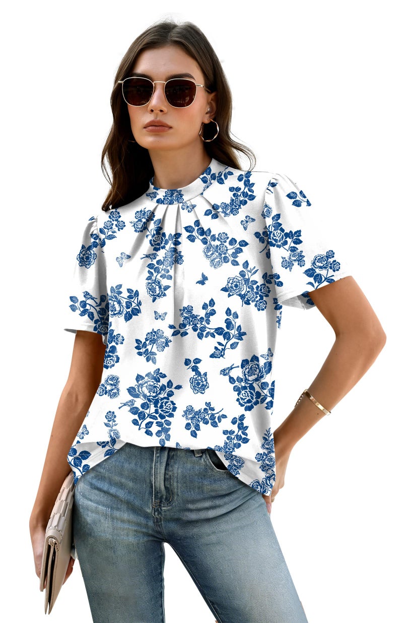 WIHOLL Womens Tops Short Sleeve Shirts Mock Neck Blouses for Women Dressy Casual Work Business Casual Outfits Spring Boho Summer Tops Trendy Plus Size Clothes Fashion Clothing Blue Floral Print L - Image 5