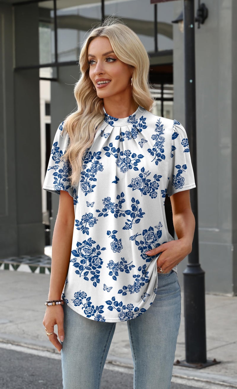 WIHOLL Womens Tops Short Sleeve Shirts Mock Neck Blouses for Women Dressy Casual Work Business Casual Outfits Spring Boho Summer Tops Trendy Plus Size Clothes Fashion Clothing Blue Floral Print L - Image 2