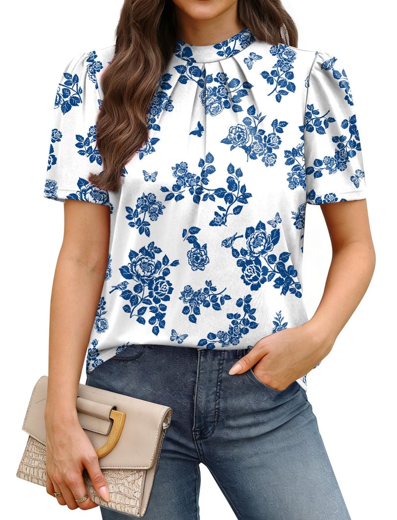 WIHOLL Womens Tops Short Sleeve Shirts Mock Neck Blouses for Women Dressy Casual Work Business Casual Outfits Spring Boho Summer Tops Trendy Plus Size Clothes Fashion Clothing Blue Floral Print L - Image 1