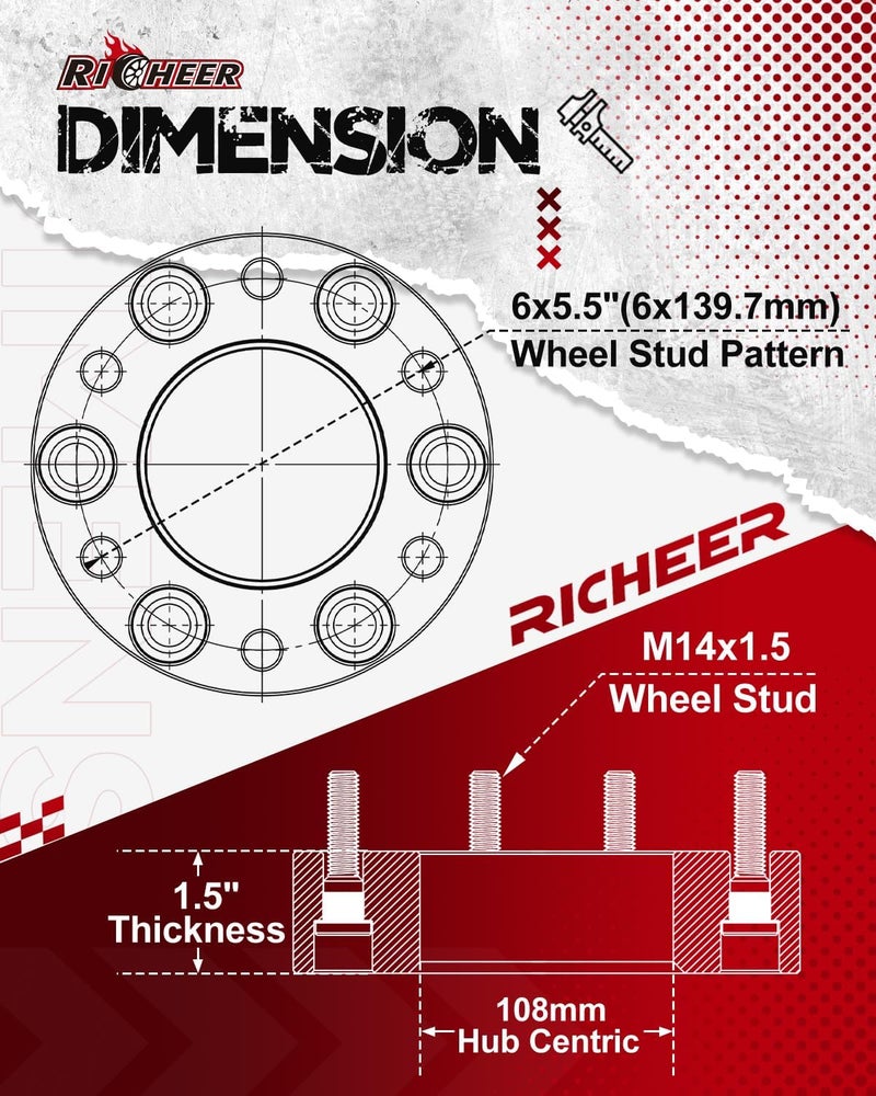 Richeer فواصل عجلات 6x5.5 متوافقة مع سيلفرادو، سوبربان، سييرا، سافانا 1500، إكسبريس، تاهو، يوكون، إسكاليد C2500 K2500، 1.5" مطروقة 6x139.7 مم مع مسامير 14x1.5 وفتحة مركزية 108 مم - Image 2