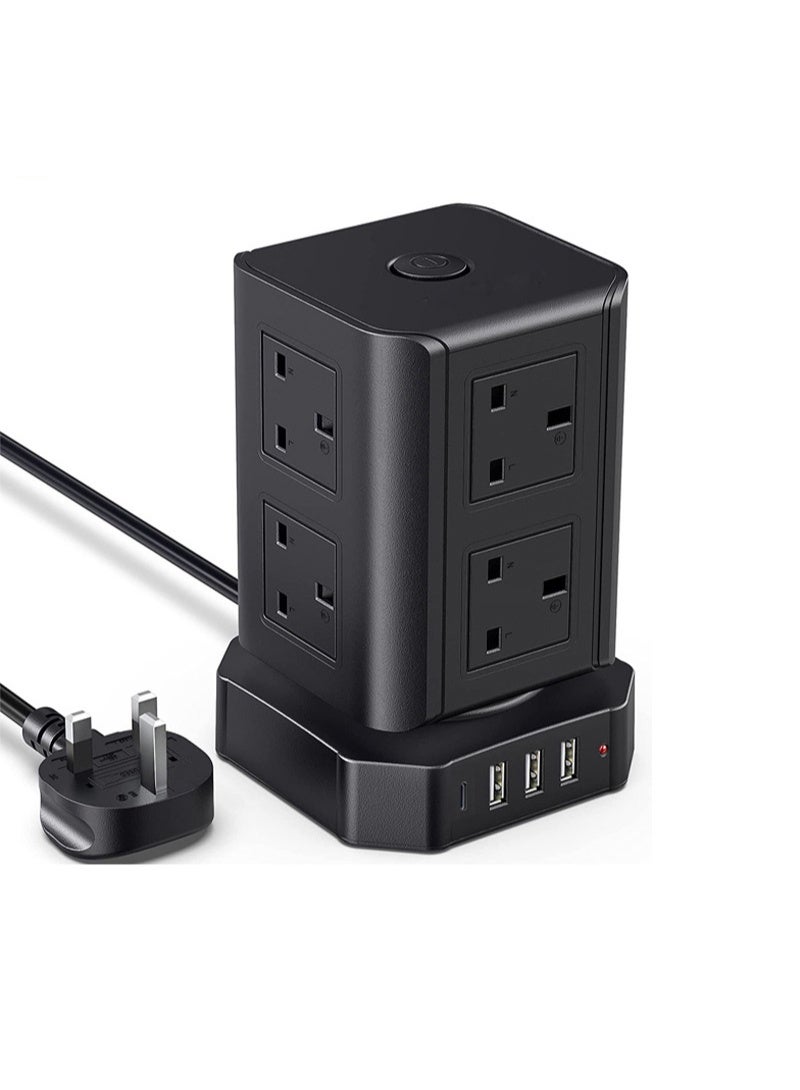 Power Strips Extension Cord 8 Sockets Universal Plug Adapter with 4 USB Ports Surge Protector Charging Socket with 2M Bold Extension Cord (Black)