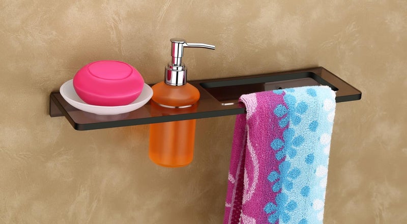 HAPPI Unbreakable Acrylic Soap Dish with Liquid Dispenser with Napking Ring Stand, Soap Stand, Soap Case, Soap Holder Stand Wall Mounted for Bathroom with Removable Drain Tray (Smoke Black) - Image 1