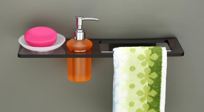 HAPPI Unbreakable Acrylic Soap Dish with Liquid Dispenser with Napking Ring Stand, Soap Stand, Soap Case, Soap Holder Stand Wall Mounted for Bathroom with Removable Drain Tray (Smoke Black) - Image 3