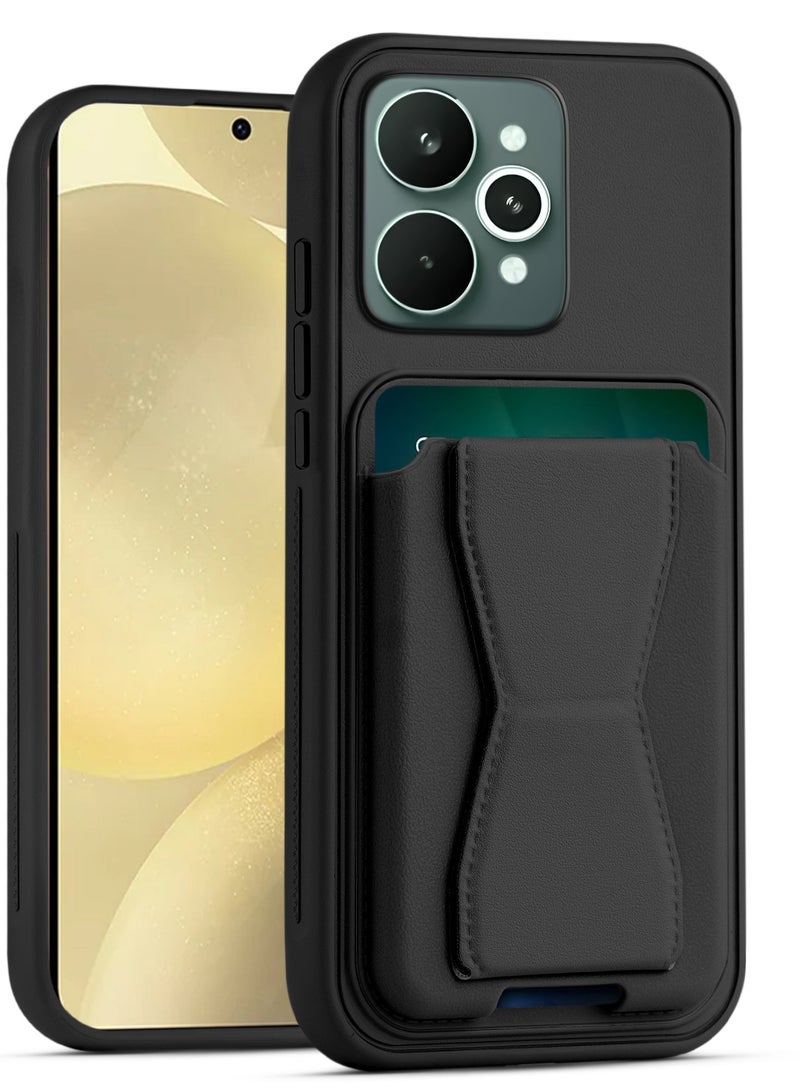 غطاء خلفي من الجلد مع محفظة بطاقات، جراب قابل للطي ومقاوم للصدمات متوافق مع هاتف Realme 15 Pro (أسود)