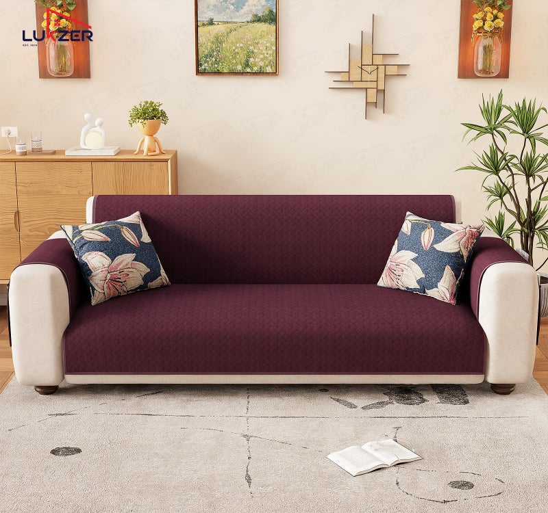 Lukzer Polyester Blend 3 Seater Quilted Sofa Cover Mat Cranberry Red Design (350 GSM)|Full Coverage with Arms & Back Belt|Machine Washable Sofa Runner with Storage Pocket (170-180CM/SC-194-03) - Image 3
