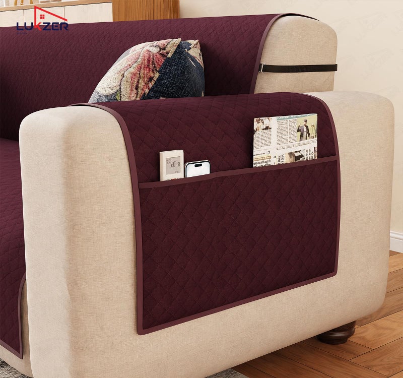 Lukzer Polyester Blend 3 Seater Quilted Sofa Cover Mat Cranberry Red Design (350 GSM)|Full Coverage with Arms & Back Belt|Machine Washable Sofa Runner with Storage Pocket (170-180CM/SC-194-03) - Image 5
