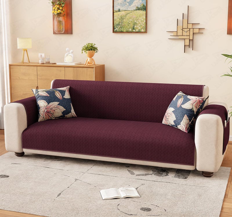 Lukzer Polyester Blend 3 Seater Quilted Sofa Cover Mat Cranberry Red Design (350 GSM)|Full Coverage with Arms & Back Belt|Machine Washable Sofa Runner with Storage Pocket (170-180CM/SC-194-03) - Image 1