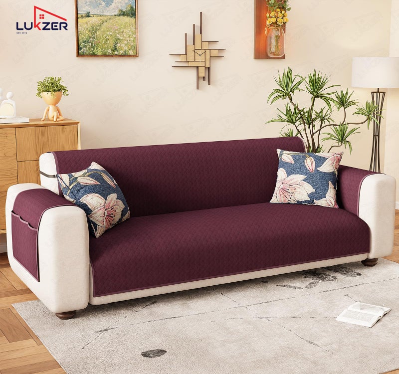 Lukzer Polyester Blend 3 Seater Quilted Sofa Cover Mat Cranberry Red Design (350 GSM)|Full Coverage with Arms & Back Belt|Machine Washable Sofa Runner with Storage Pocket (170-180CM/SC-194-03) - Image 4
