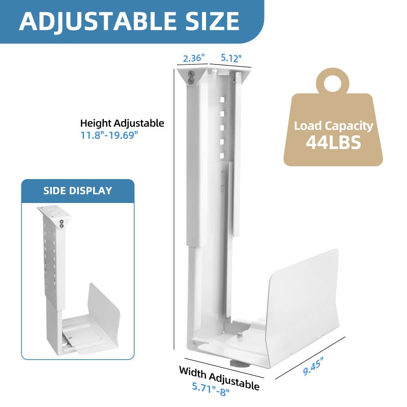 TooCust Heavy Duty Computer Wall Mount, Also Great for PC Mount Under Desk - Height Adjustable from 12" to 20", Width Adjustable from 5.7" to 8" - Computer Case Stand PC Holder Under Desk or On Wall, White - Image 3