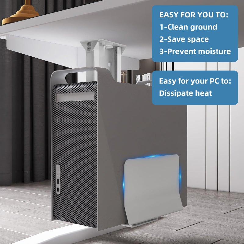 TooCust Heavy Duty Computer Wall Mount, Also Great for PC Mount Under Desk - Height Adjustable from 12" to 20", Width Adjustable from 5.7" to 8" - Computer Case Stand PC Holder Under Desk or On Wall, White - Image 4