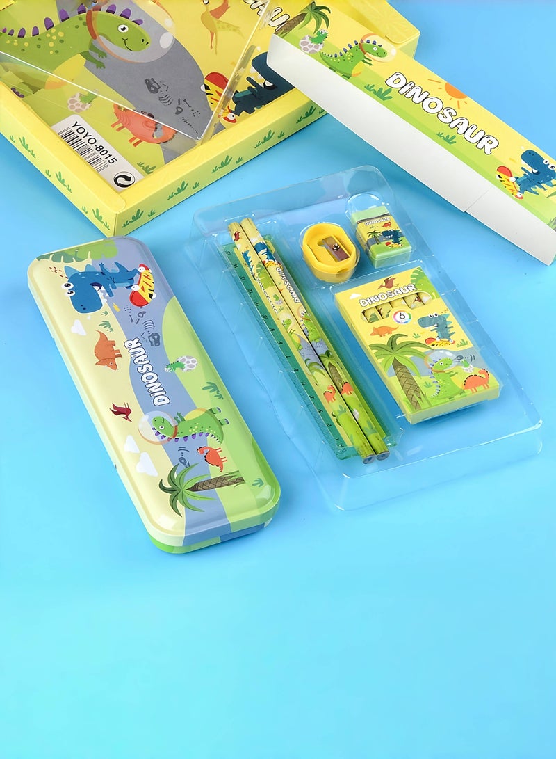 Dinosaur-Themed School Stationery Set for Kids - Gift-Ready Learning Box with Complete Back to School Supplies: Pencil Box, Erasers, Sharpener, Ruler & Crayons - Image 4