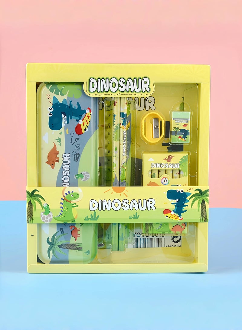 Dinosaur-Themed School Stationery Set for Kids - Gift-Ready Learning Box with Complete Back to School Supplies: Pencil Box, Erasers, Sharpener, Ruler & Crayons - Image 2